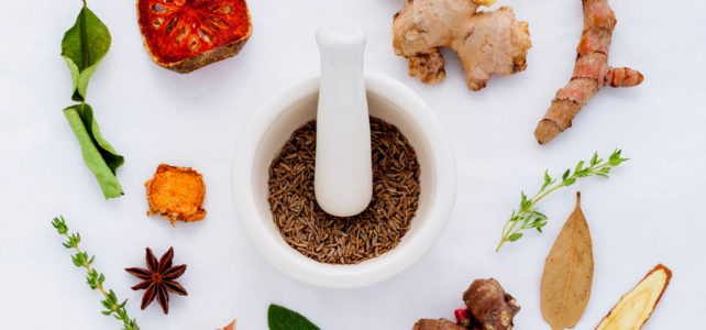 Variety of fresh herbs with mortar and pestle