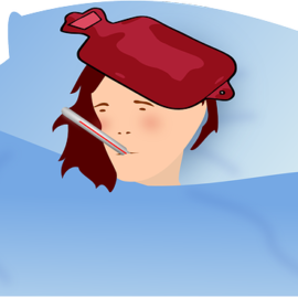 Cartoon image of person with hot water bottle on head with thermometer in mouth