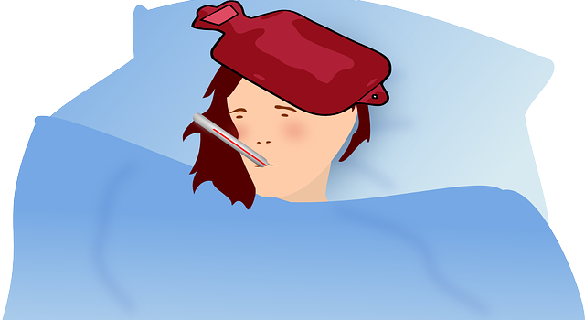 Cartoon image of person with hot water bottle on head with thermometer in mouth