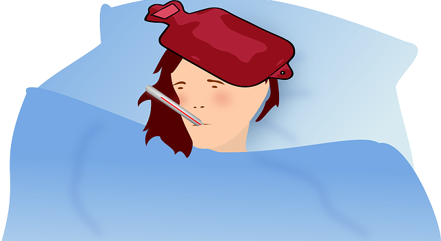 Ban Colds and Flus this year Cartoon image of person with hot water bottle on head with thermometer in mouth