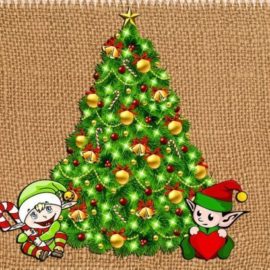 Cartoon Christmas tree with elves