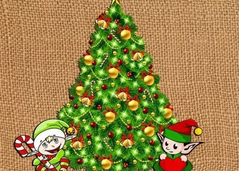 Holiday Greetings Cartoon Christmas tree with elves