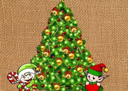 Cartoon Christmas tree with elves